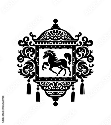 Black silhouette of a horse within an ornate decorative frame with tassels and swirling patterns on a white background, symbolizing Chinese New Year.