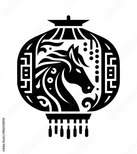 Black and white illustration of a horse's head on a decorative lantern with geometric patterns and tassels, symbolizing Chinese New Year.