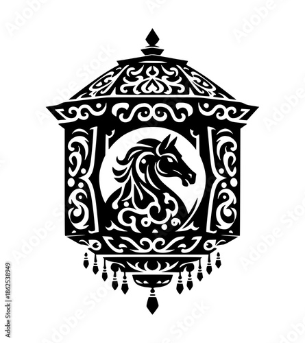 Black and white illustration of an ornate lantern with a horse design for Chinese New Year celebrations on a plain background.