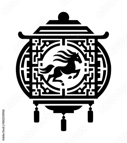 Black silhouette of a traditional Chinese lantern with a horse design for Chinese New Year against a white background.