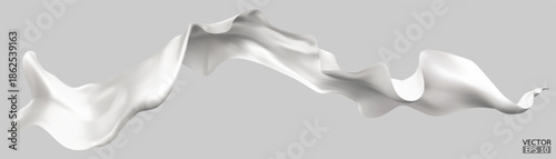 Flying white silk textile fabric flag background. Smooth elegant white Satin Isolated on gray Background for grand opening ceremony. White curtain. 3d vector illustration