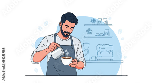 Coffee Shop Barista Making Latte Art Espresso Flat Illustration