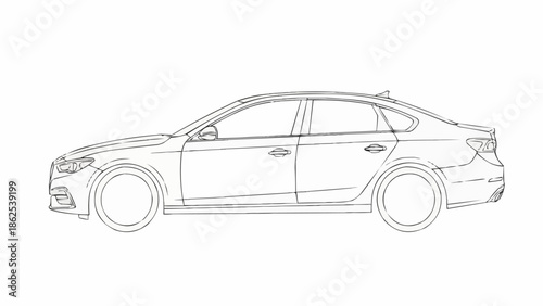 Detailed Line Art Illustration of a Modern Sedan Car.