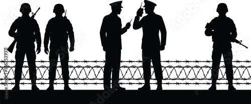 Military security silhouettes with soldiers and officers, border patrol scene, barbed wire fence, armed guards teamwork isolated white background