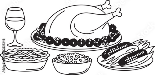 A black and white line drawing of a festive dinner scene with turkey, wine, and side dishes