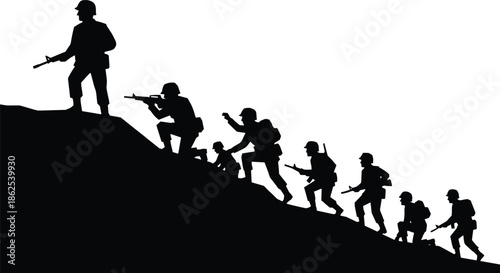 Military soldiers silhouettes advancing uphill in combat formation, armed patrol assault mission isolated on white background tactical illustration design concept