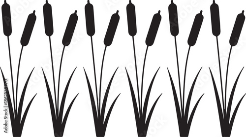 Black and white illustration of cattails in a serene landscape viewed from the side