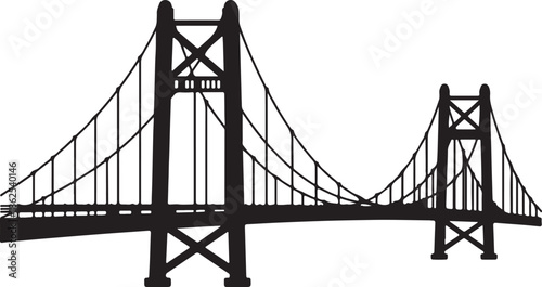 Silhouette illustration of a suspension bridge with towers and cables viewed from the side on a white background