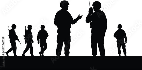 Military soldiers silhouettes communicating during patrol, armed forces teamwork and radio coordination, security defense operation isolated on white background studio