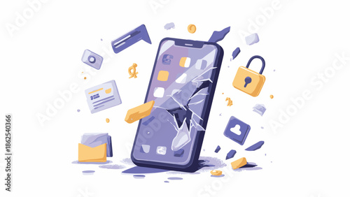 Flat vector illustration of a shattered smartphone screen surrounded by various digital elements, representing mobile security issues, data loss, and device damage concerns