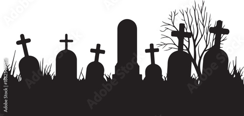 A black and white illustration of graveyard silhouettes with crosses and tombstones in a somber landscape viewed from the front