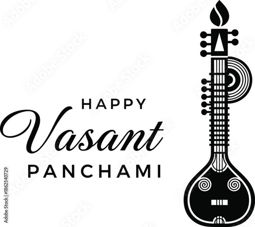 Minimalist black and white Happy Vasant Panchami greeting with traditional musical Veena instrument icon, sacred festival celebration, cad drawing flat vector illustration, isolated