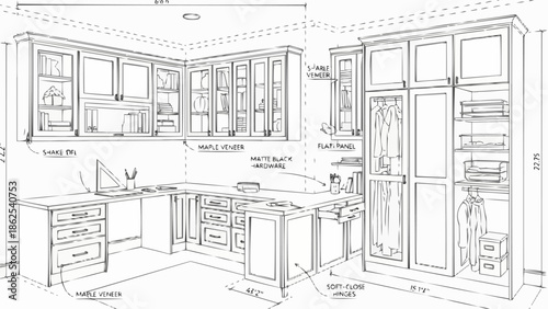 Architectural drawing of a modern kitchen design with cabinets and appliances.