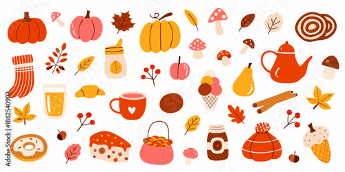 A charming autumn collection featuring pumpkins leaves and cozy seasonal elements