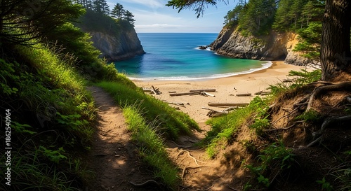 Secluded Beach with Turquoise Water and Greenery.