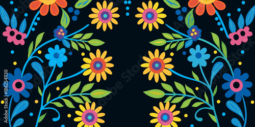 Colorful floral pattern with symmetrical flower arrangements and vibrant green leaves