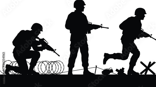 Military soldier silhouettes advancing through battlefield obstacles, armed infantry combat mission isolated on white background illustration graphic design concept artwork