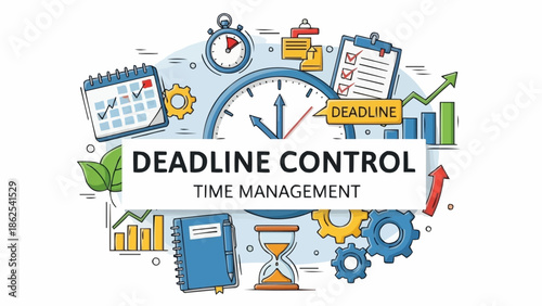 Deadline Control and Time Management Illustration with Clock, Calendar, and Gears.