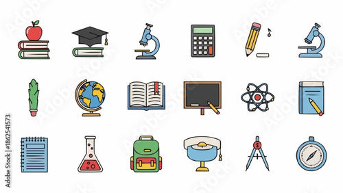 Educational icons set featuring school supplies and scientific equipment.