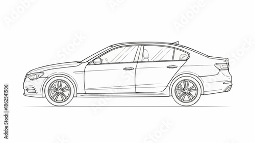 Detailed Line Drawing of a Modern Sedan Car.