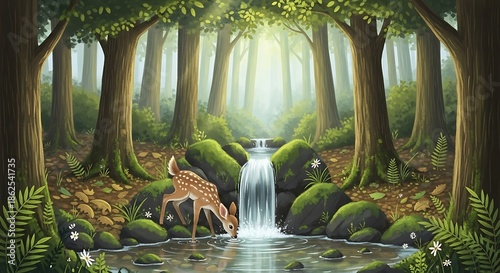 Serene forest waterfall landscape with ferns.