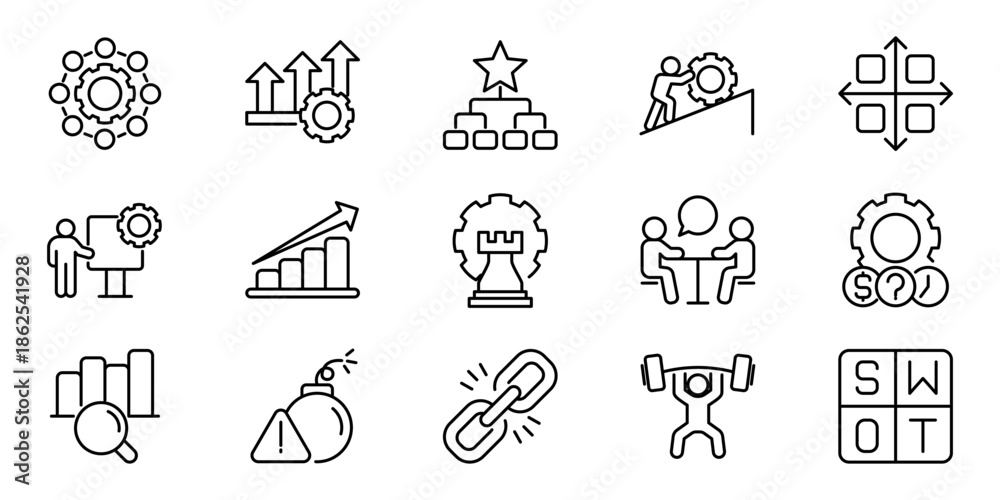 Fototapeta premium Comprehensive Vector Outline Icons for Business Strategy, Management, Growth, Analytics, Teamwork, and Problem Solving Concepts