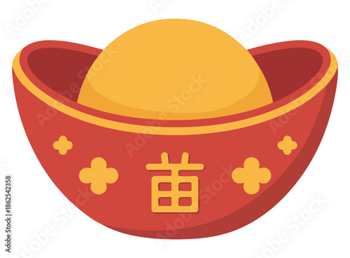 Chinese Gold Ingot on Red Bowl with Yellow Ornaments Isolated on White