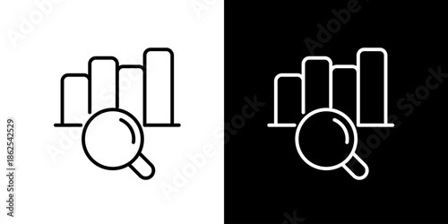 Single icon of bar chart analysis with magnifying glass, depicting statistical research, financial trends, and business data investigation for insightful reporting and growth
