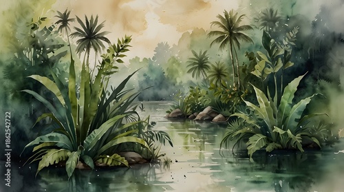 Soft watercolor wash inspired by Sarawak nature, no text