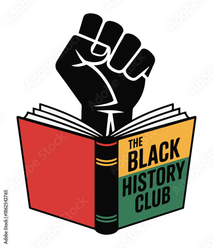 Black History Club Logo with Raised Fist on Open Book