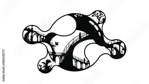 Whimsical abstract design depicting surreal bridges and pathways with solitary figures