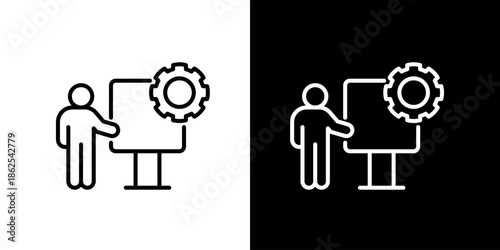 Icon representing a person interacting with a screen displaying a gear icon, symbolizing technology and processes