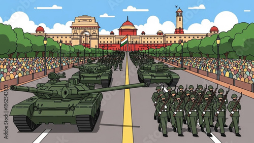 Military parade with tanks and soldiers marching down a city street with a large crowd watching from the sides in front of a government building, india republic day