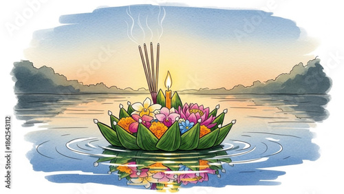 A vibrant floating flower offering on rippling water with a serene sunset background, symbolizing peace and spirituality in a natural setting with lush greenery
