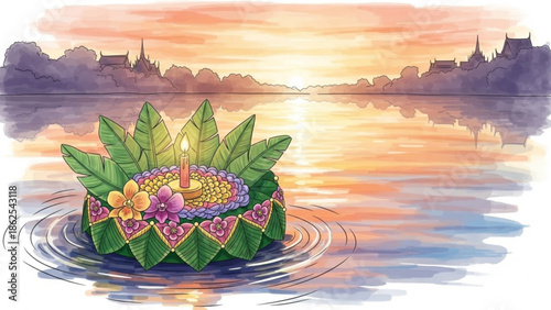 A serene loy krathong floating lantern on rippling water with temple silhouette at sunset with Thailand and festival and traditional and culture
