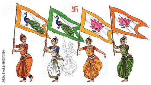 Four women in traditional indian attire holding flags with peacock and lotus designs dancing in celebration with Indian dance and traditional attire