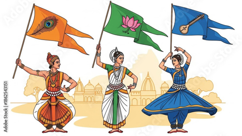 Three indian classical dancers in traditional attire holding colorful flags with symbolic designs, performing bharatanatyam dance in front of a temple background