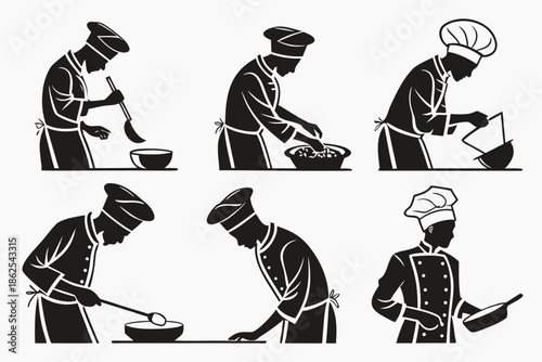 silhouette of Chef cooking food bundle  vector illustration isolated on white background