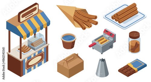 Isometric churro stand vector illustration set. Spanish dessert street food cart with deep fryer, ingredients, chocolate bar, dipping sauce and packaging box.