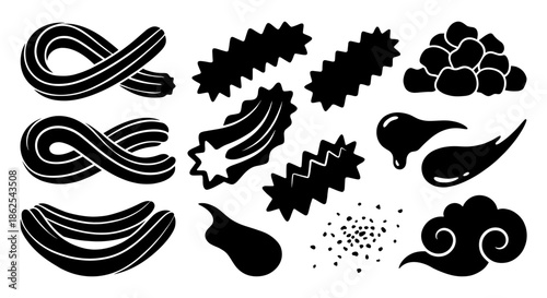 Churro Silhouette Vector Set. Black Glyph Icons of Mexican Fried Dough, Star Shape Cross Section and Dipping Sauce. Sweet Dessert Symbol Collection for Logo Design.