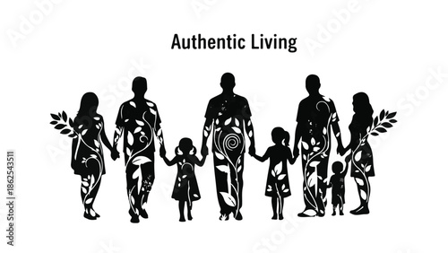 Diverse family silhouette holding hands, adorned with organic leaf patterns, representing unity and natural connection.