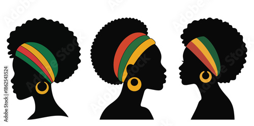 African Women Silhouettes with Colorful Headwraps and Earrings