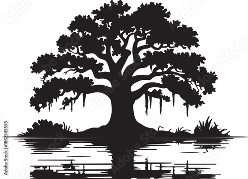 A majestic black and white silhouette illustration of a tree standing alone on a small island in a serene lake surrounded by lush foliage viewed from a distant perspective