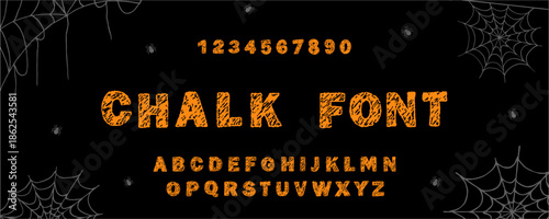 English alphabet crayon. Scary Halloween font. Playful and childlike typescript. Funky chalk texture for party, invitation. Vector illustration.