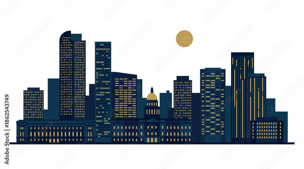 Fototapeta premium Night time Denver skyline vector flat illustration with illuminated skyscrapers and State Capitol dome. Dark blue city landscape silhouette with moon and windows.