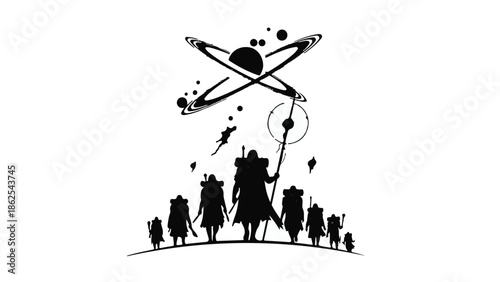 Mysterious figures stand united beneath a cosmic celestial body, symbolizing exploration and discovery.