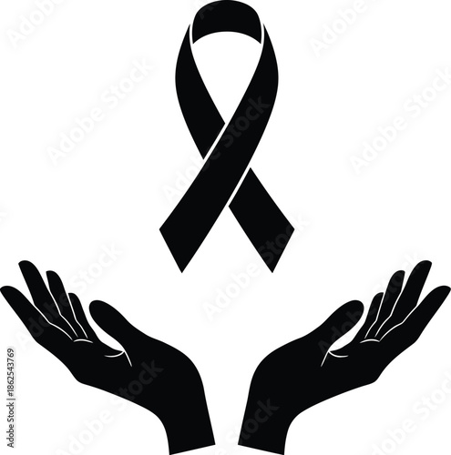 Awareness Ribbon with Helping Hands Line Vector on Transparent Background