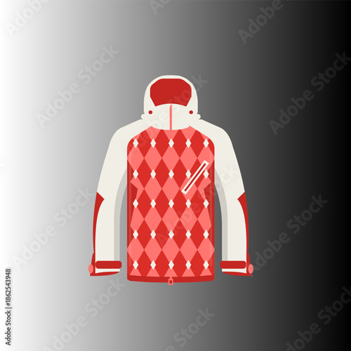 Flat vector illustration of a red winter jacket with hood and patterned design, isolated on gradient background. Suitable for fashion, clothing catalog, apparel, and seasonal design.