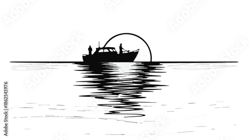 Silhouette of a fishing boat on calm water at sunset, reflecting the sky and sun.