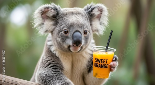 Koala Holding Sweet Bubble Drink in Forest.